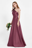 One Shoulder Satin Pleated Bridesmaid Dress Long Bowknot Formal Evening Party Dresses Gowns