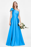 One Shoulder Satin Pleated Bridesmaid Dress Long Bowknot Formal Evening Party Dresses Gowns