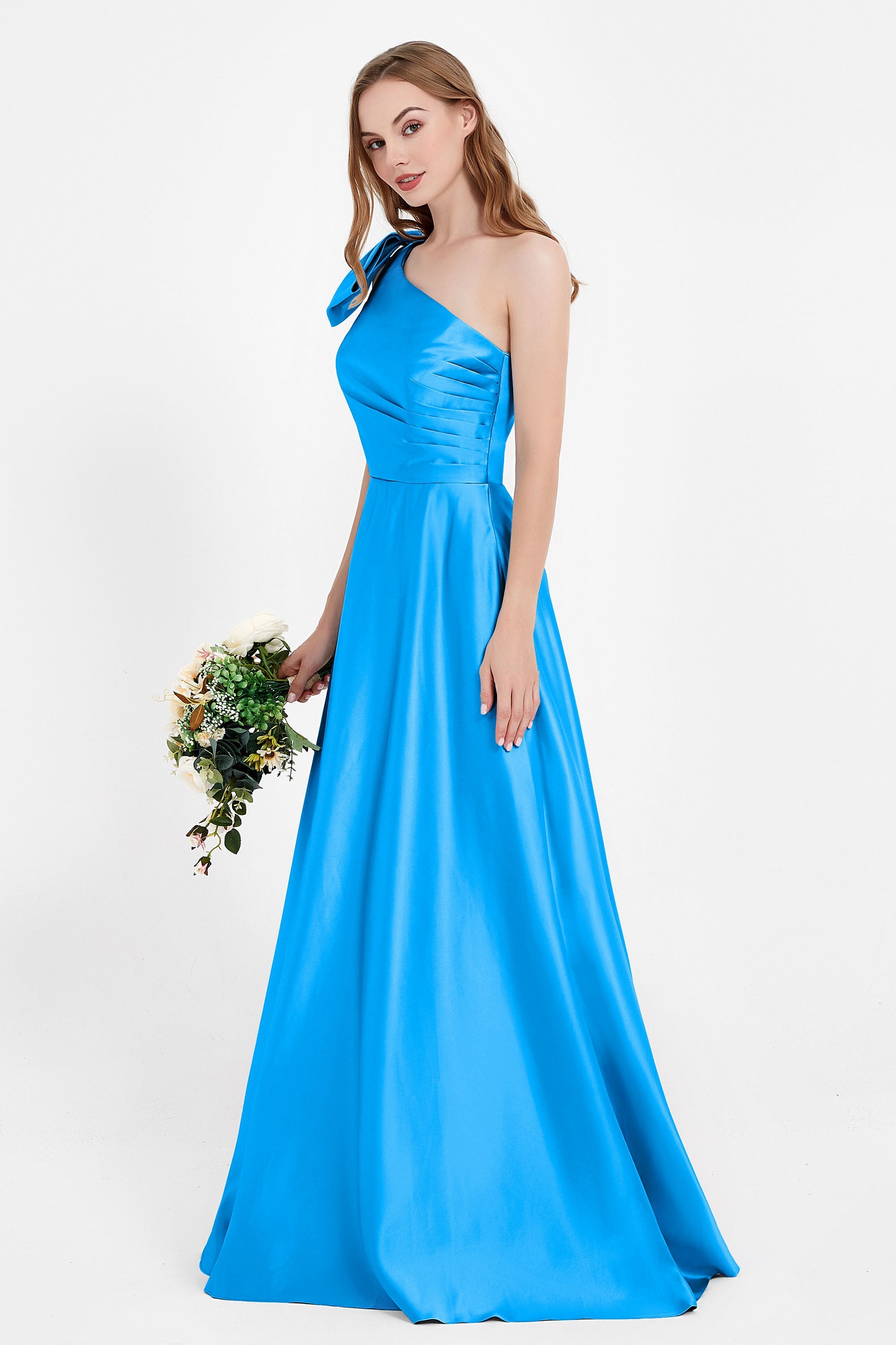 One Shoulder Satin Pleated Bridesmaid Dress Long Bowknot Formal Evening Party Dresses Gowns