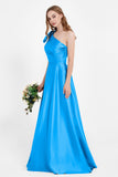 One Shoulder Satin Pleated Bridesmaid Dress Long Bowknot Formal Evening Party Dresses Gowns