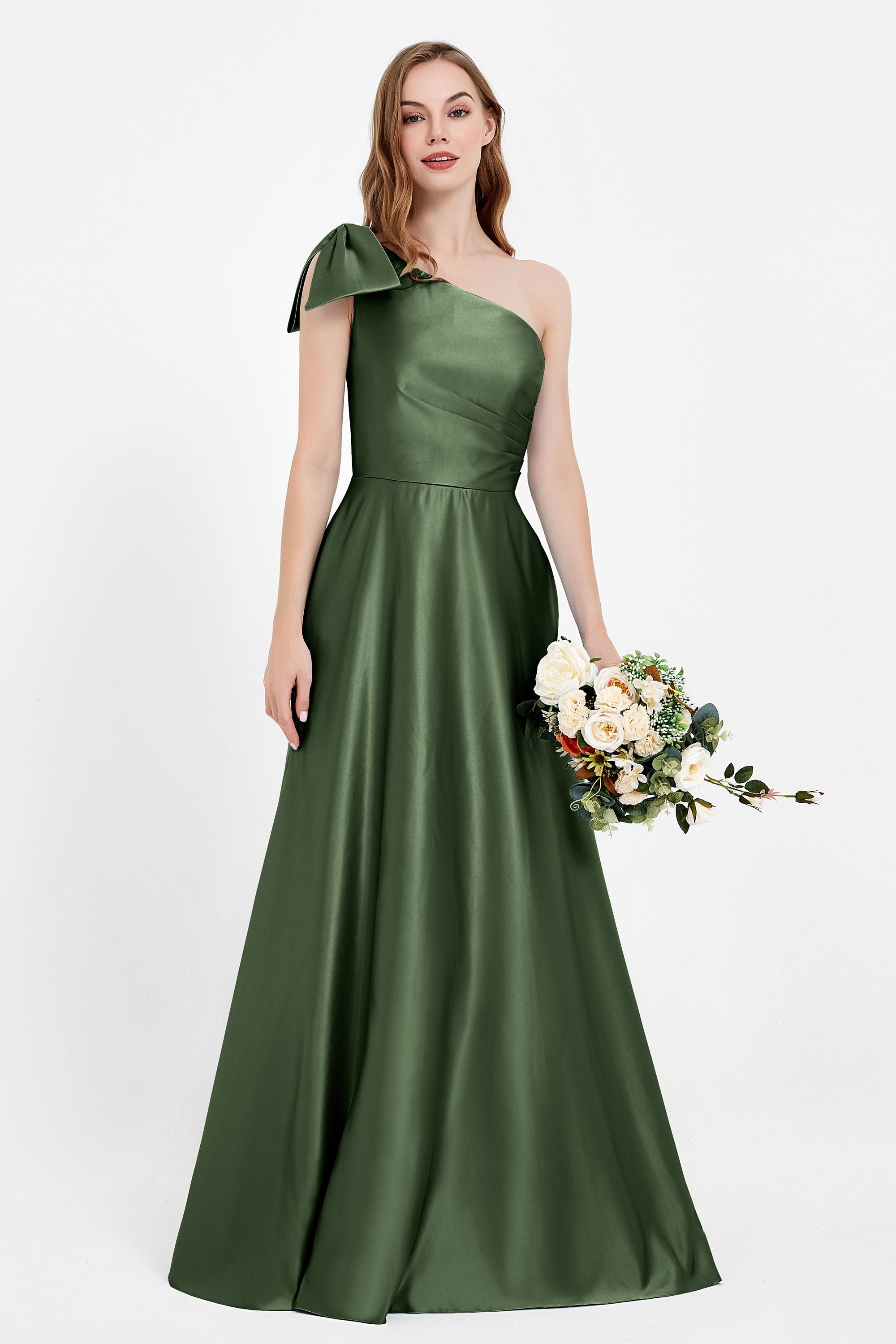 One Shoulder Satin Pleated Bridesmaid Dress Long Bowknot Formal Evening Party Dresses Gowns
