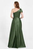 One Shoulder Satin Pleated Bridesmaid Dress Long Bowknot Formal Evening Party Dresses Gowns