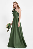 One Shoulder Satin Pleated Bridesmaid Dress Long Bowknot Formal Evening Party Dresses Gowns