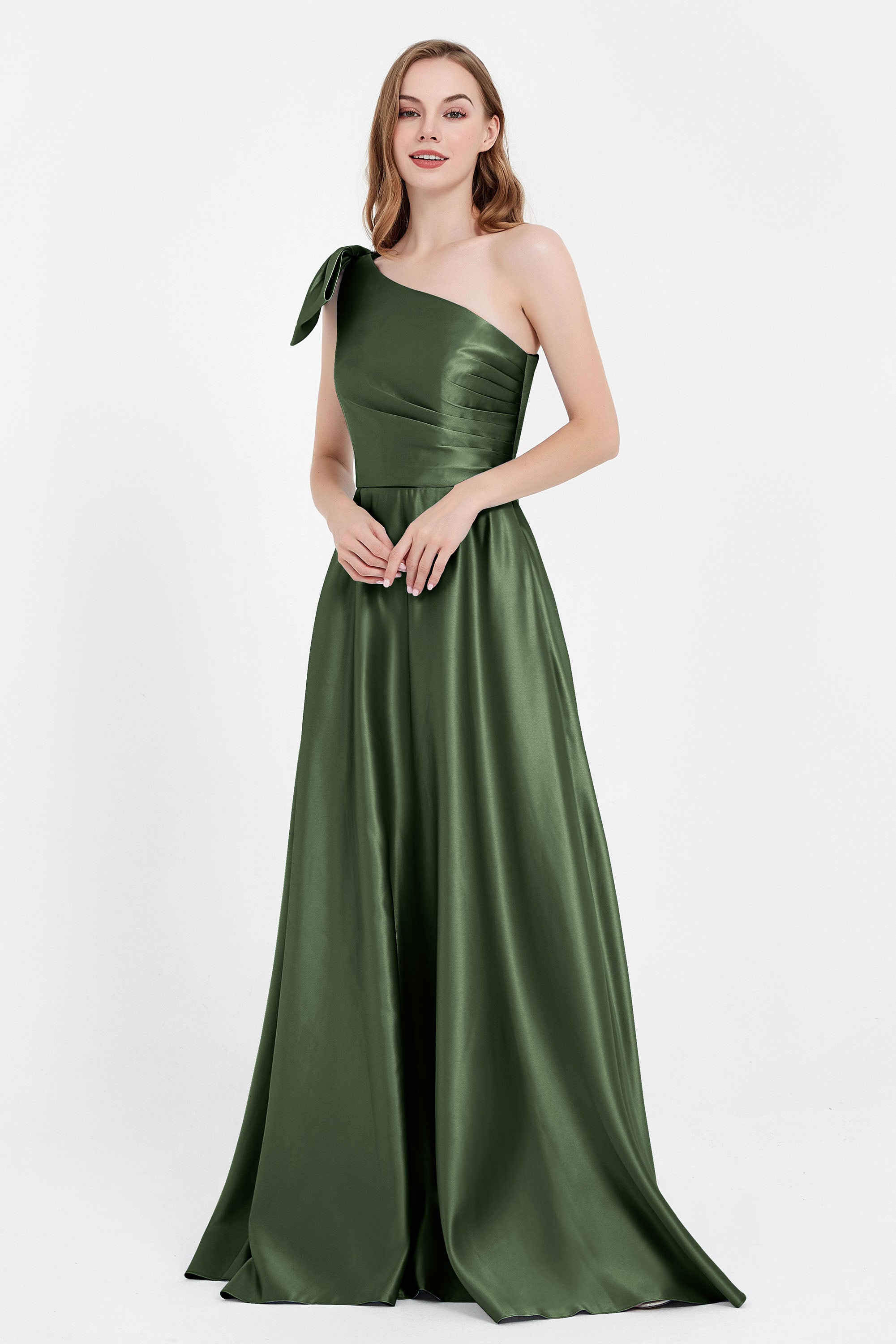 One Shoulder Satin Pleated Bridesmaid Dress Long Bowknot Formal Evening Party Dresses Gowns