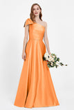 One Shoulder Satin Pleated Bridesmaid Dress Long Bowknot Formal Evening Party Dresses Gowns