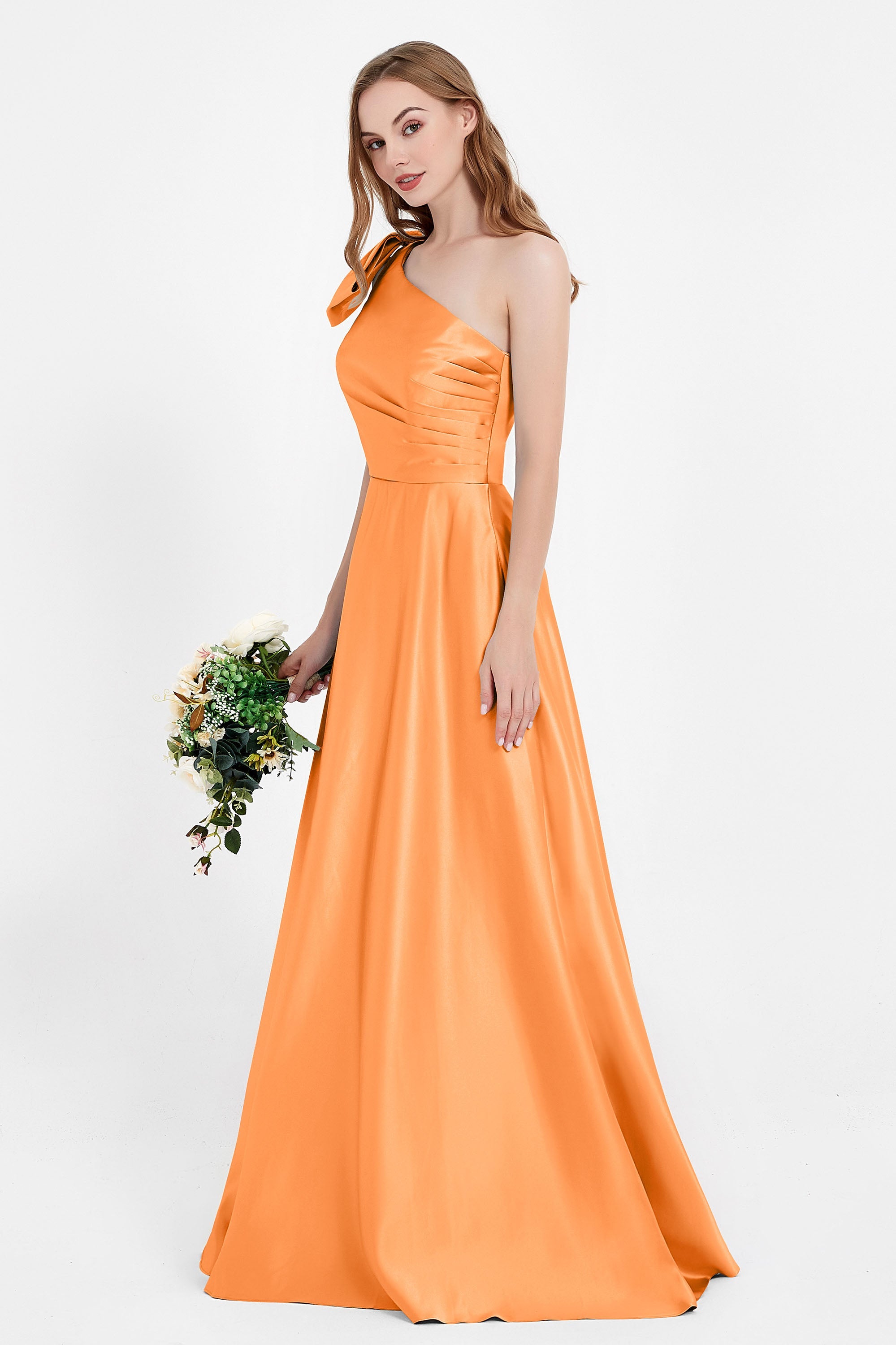 One Shoulder Satin Pleated Bridesmaid Dress Long Bowknot Formal Evening Party Dresses Gowns