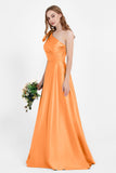 One Shoulder Satin Pleated Bridesmaid Dress Long Bowknot Formal Evening Party Dresses Gowns