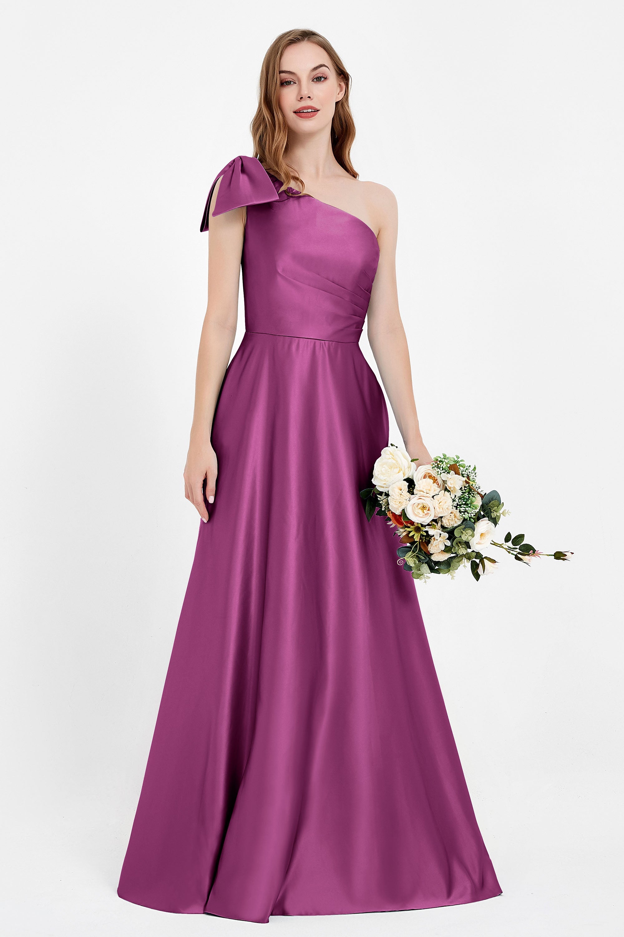 One Shoulder Satin Pleated Bridesmaid Dress Long Bowknot Formal Evening Party Dresses Gowns
