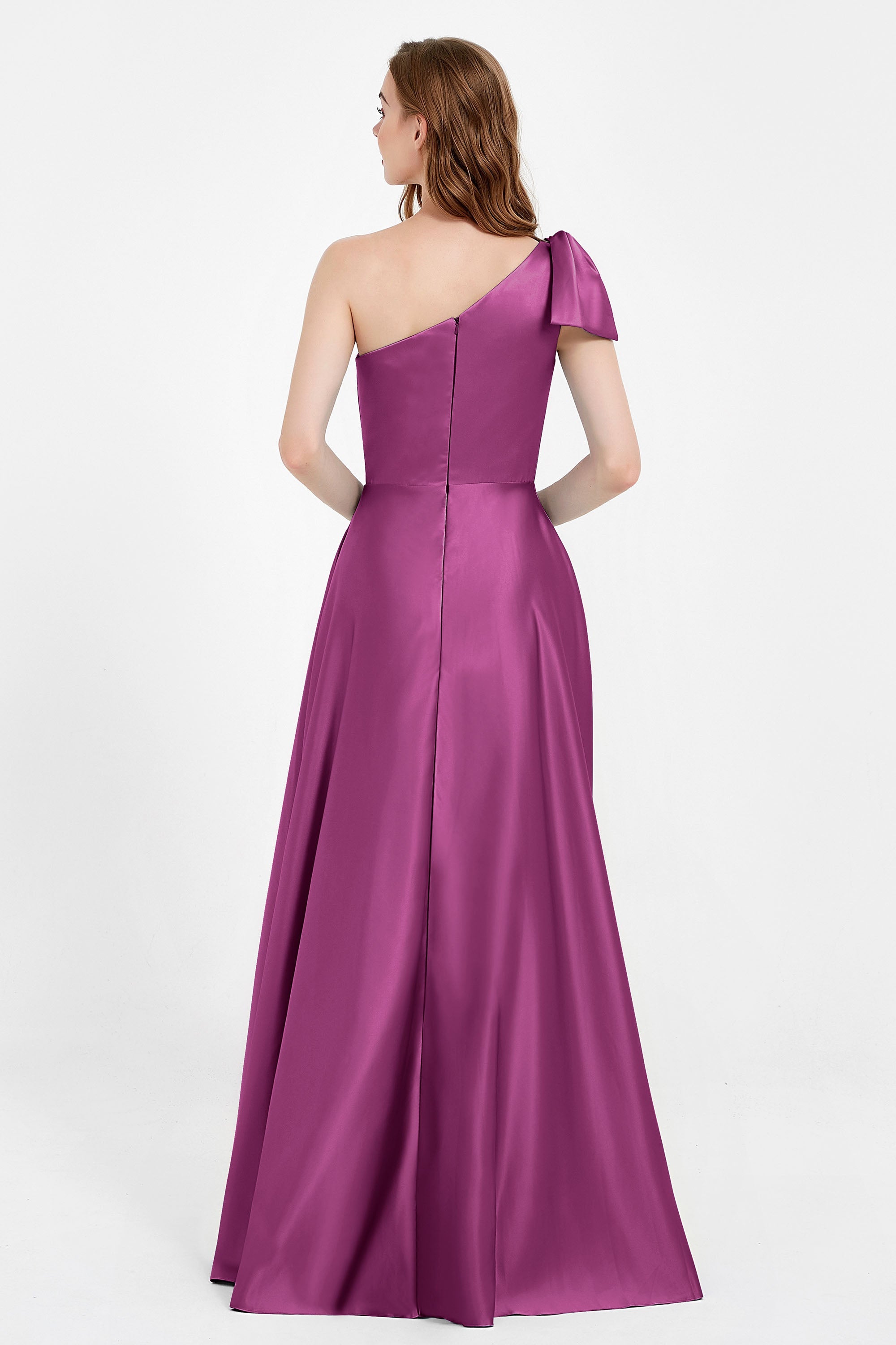 One Shoulder Satin Pleated Bridesmaid Dress Long Bowknot Formal Evening Party Dresses Gowns