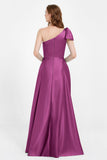 One Shoulder Satin Pleated Bridesmaid Dress Long Bowknot Formal Evening Party Dresses Gowns