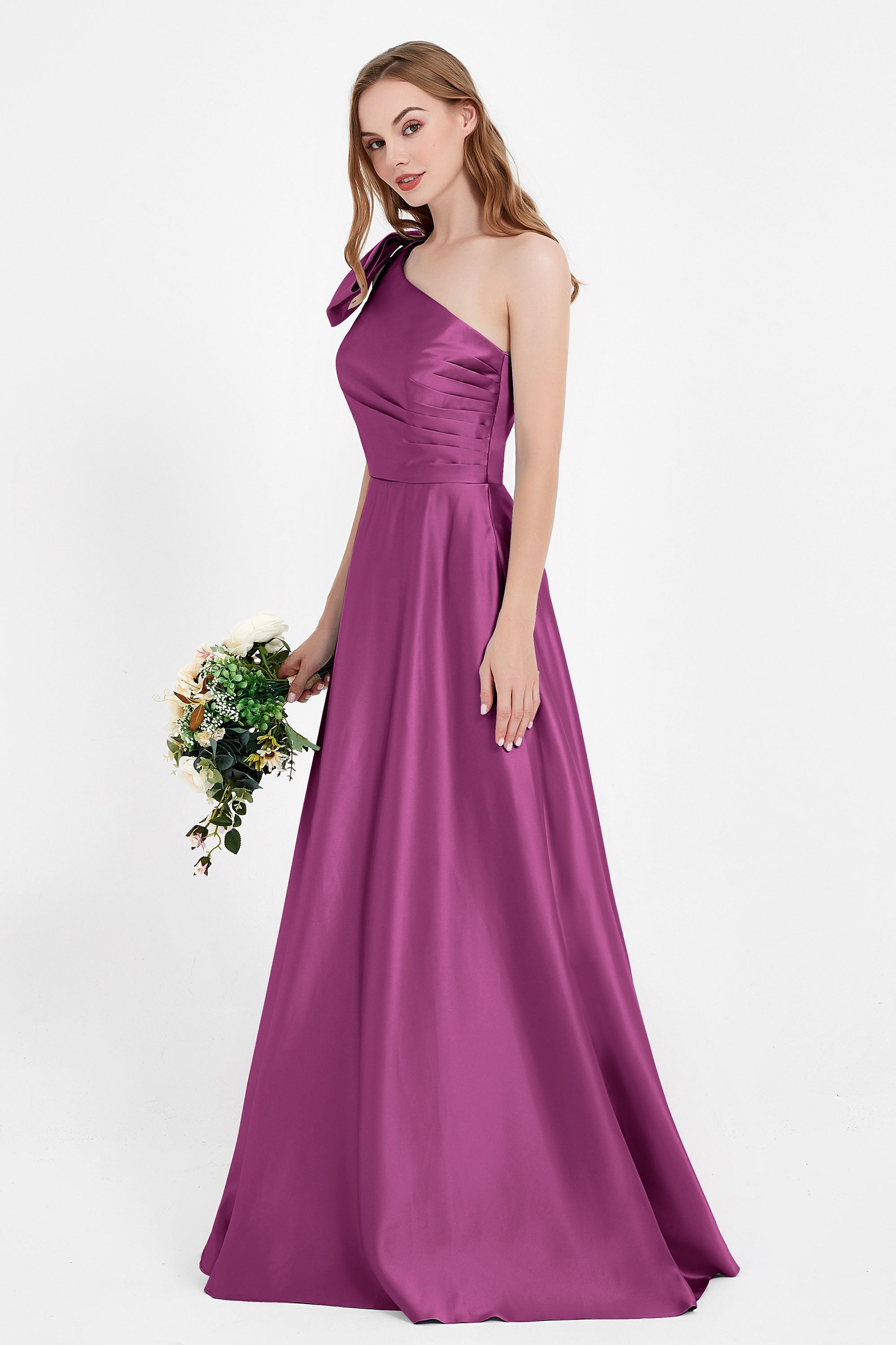 One Shoulder Satin Pleated Bridesmaid Dress Long Bowknot Formal Evening Party Dresses Gowns