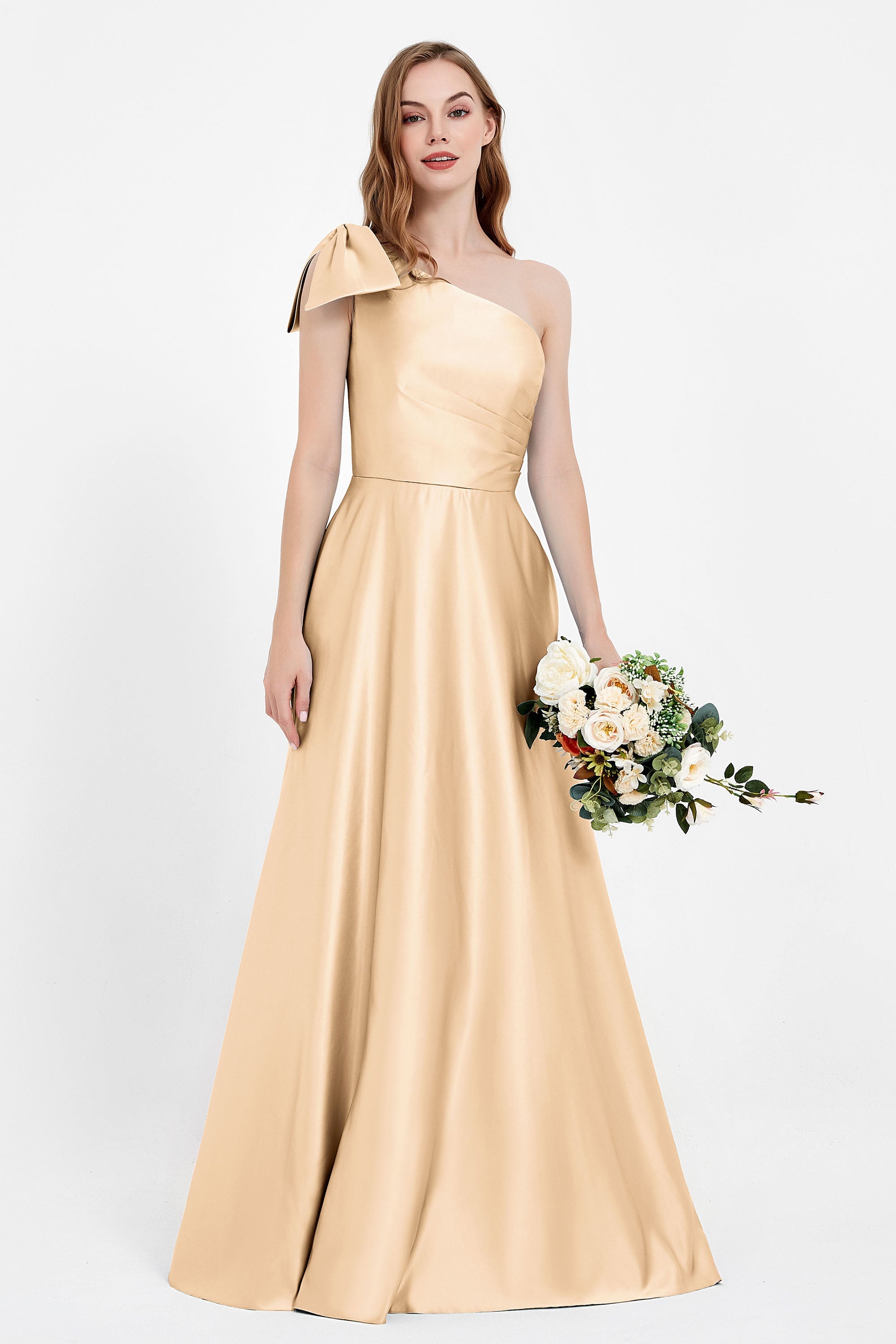 One Shoulder Satin Pleated Bridesmaid Dress Long Bowknot Formal Evening Party Dresses Gowns