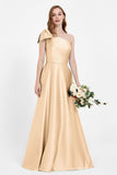 One Shoulder Satin Pleated Bridesmaid Dress Long Bowknot Formal Evening Party Dresses Gowns