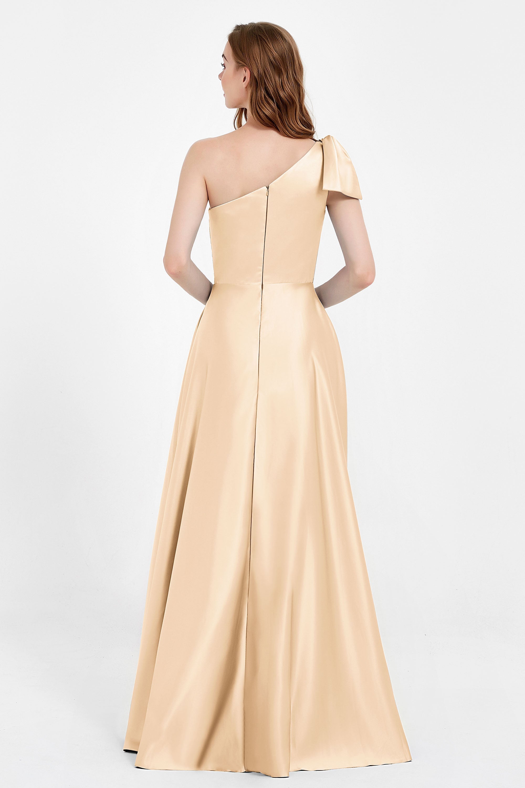One Shoulder Satin Pleated Bridesmaid Dress Long Bowknot Formal Evening Party Dresses Gowns