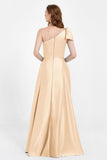 One Shoulder Satin Pleated Bridesmaid Dress Long Bowknot Formal Evening Party Dresses Gowns