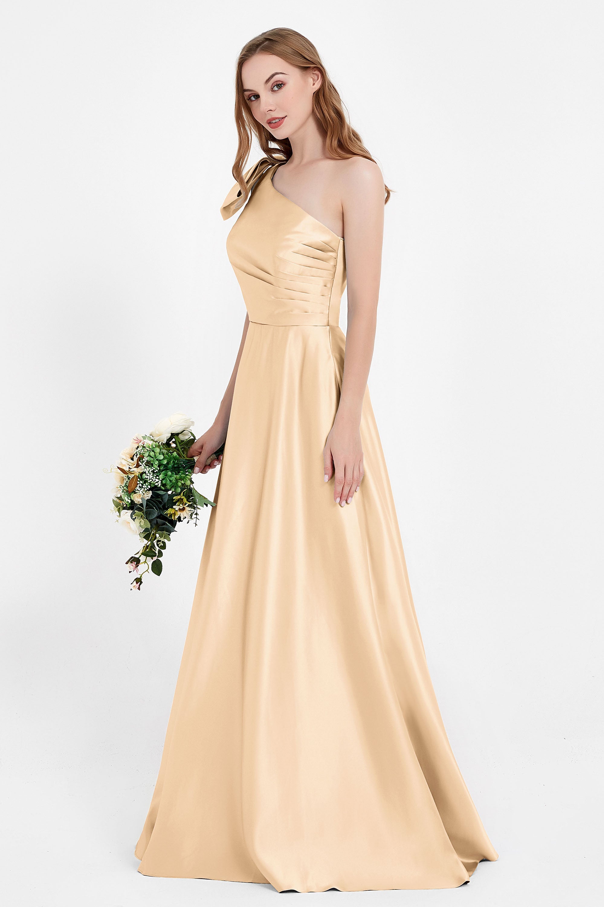 One Shoulder Satin Pleated Bridesmaid Dress Long Bowknot Formal Evening Party Dresses Gowns