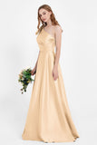 One Shoulder Satin Pleated Bridesmaid Dress Long Bowknot Formal Evening Party Dresses Gowns
