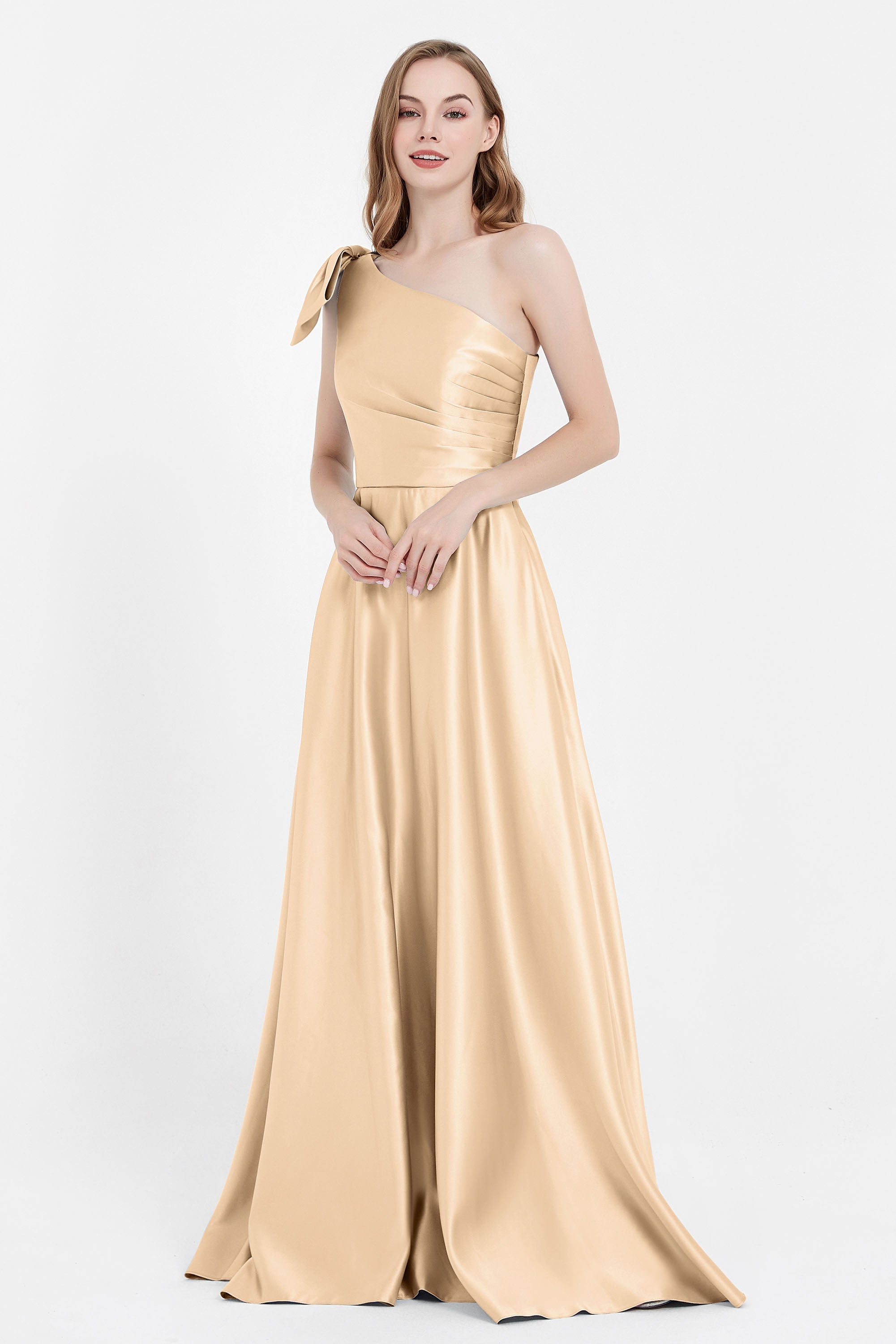 One Shoulder Satin Pleated Bridesmaid Dress Long Bowknot Formal Evening Party Dresses Gowns