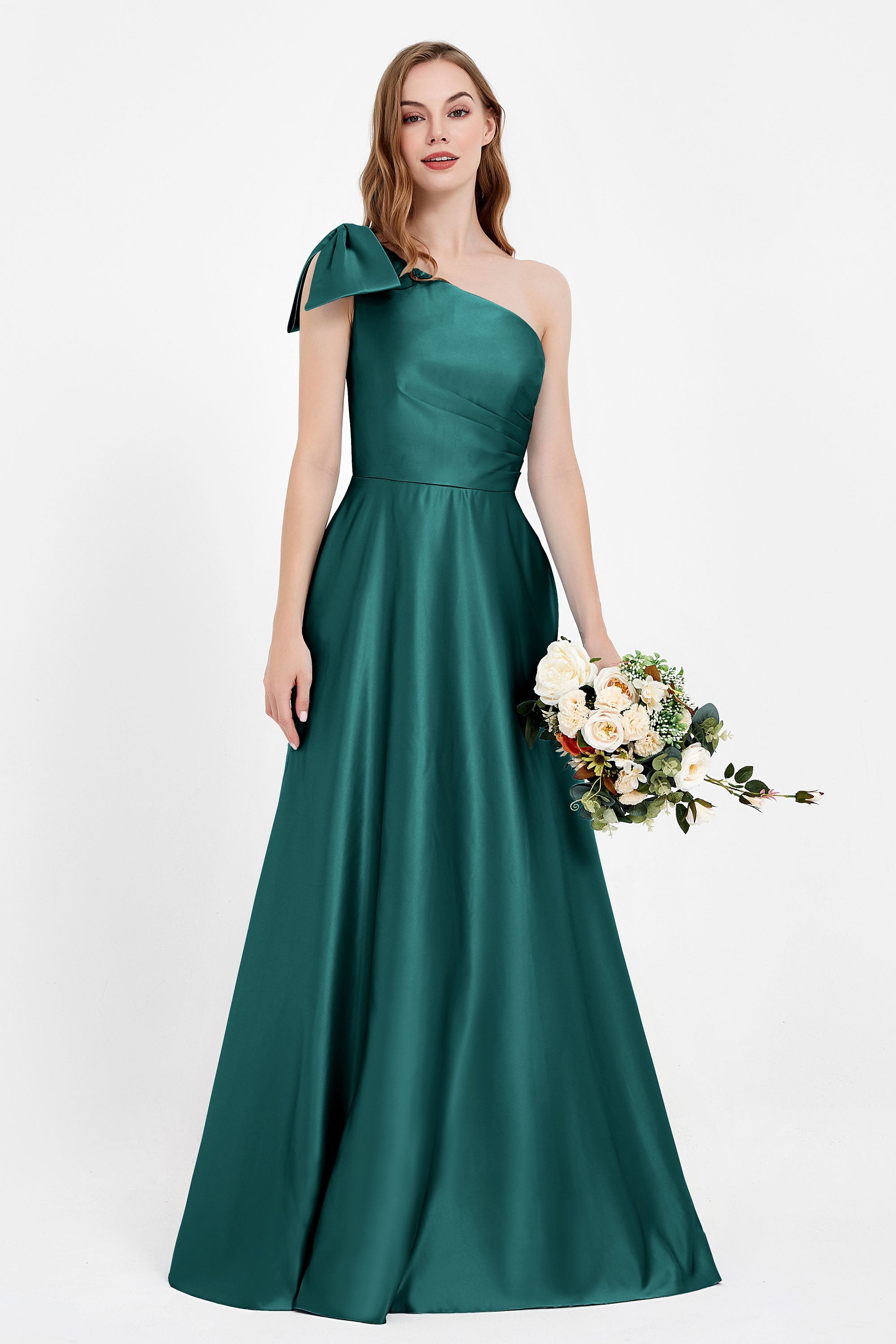 One Shoulder Satin Pleated Bridesmaid Dress Long Bowknot Formal Evening Party Dresses Gowns