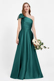 One Shoulder Satin Pleated Bridesmaid Dress Long Bowknot Formal Evening Party Dresses Gowns