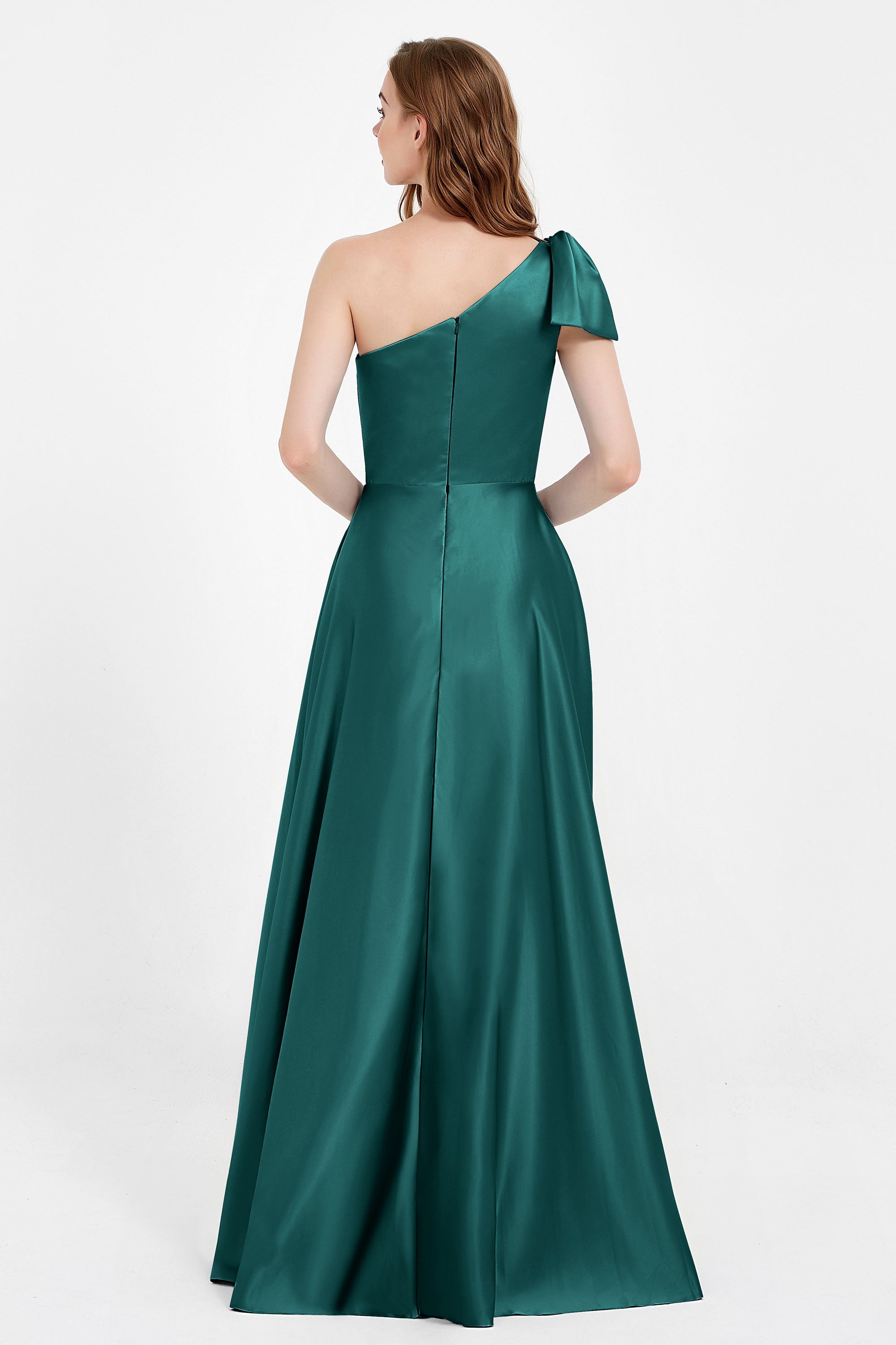 One Shoulder Satin Pleated Bridesmaid Dress Long Bowknot Formal Evening Party Dresses Gowns
