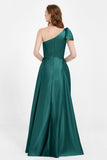One Shoulder Satin Pleated Bridesmaid Dress Long Bowknot Formal Evening Party Dresses Gowns