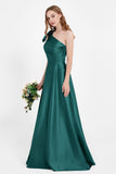 One Shoulder Satin Pleated Bridesmaid Dress Long Bowknot Formal Evening Party Dresses Gowns