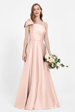 One Shoulder Satin Pleated Bridesmaid Dress Long Bowknot Formal Evening Party Dresses Gowns