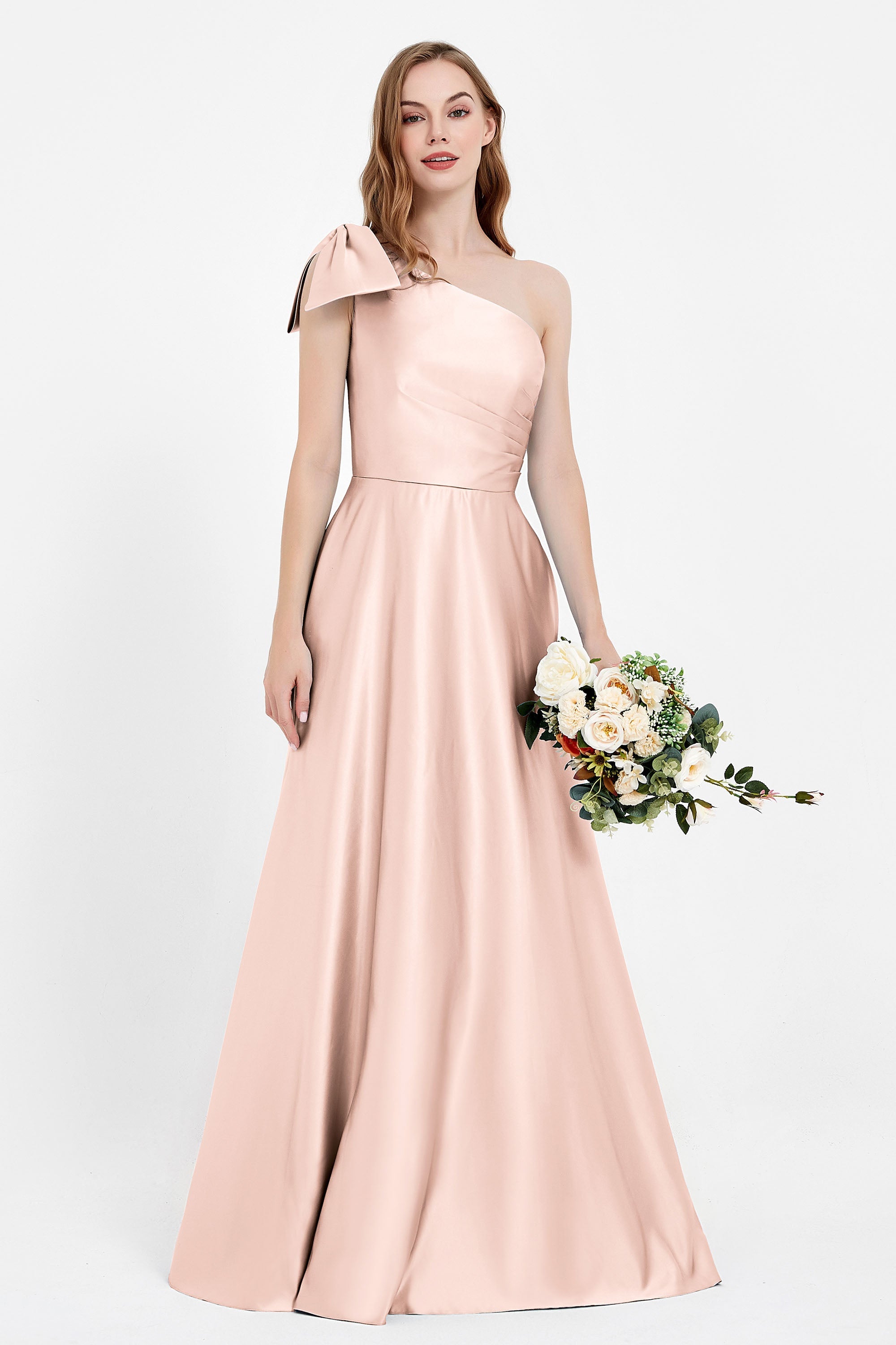 One Shoulder Satin Pleated Bridesmaid Dress Long Bowknot Formal Evening Party Dresses Gowns