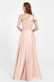 One Shoulder Satin Pleated Bridesmaid Dress Long Bowknot Formal Evening Party Dresses Gowns