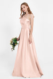 One Shoulder Satin Pleated Bridesmaid Dress Long Bowknot Formal Evening Party Dresses Gowns