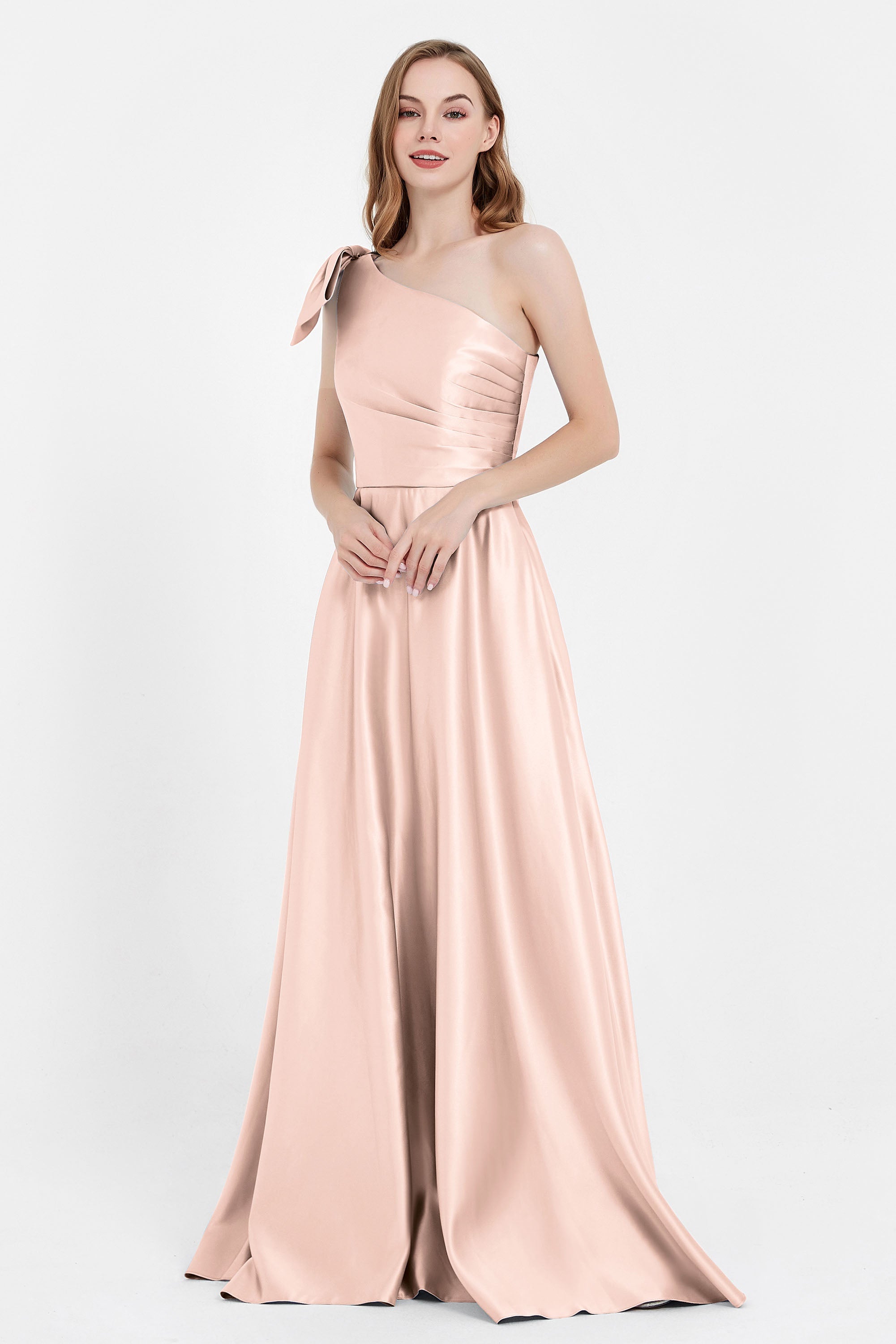 One Shoulder Satin Pleated Bridesmaid Dress Long Bowknot Formal Evening Party Dresses Gowns