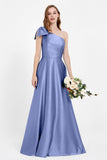 One Shoulder Satin Pleated Bridesmaid Dress Long Bowknot Formal Evening Party Dresses Gowns