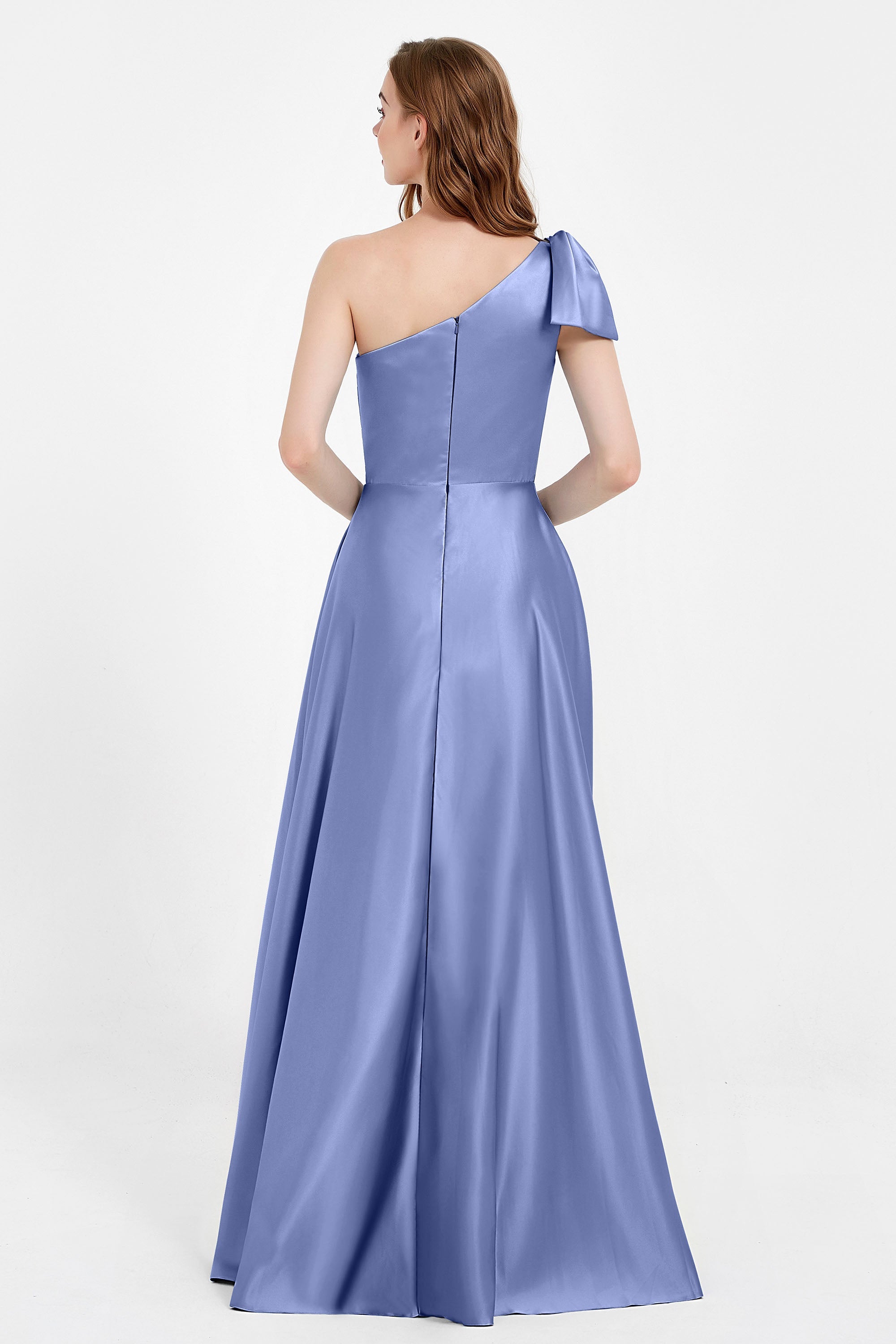 One Shoulder Satin Pleated Bridesmaid Dress Long Bowknot Formal Evening Party Dresses Gowns