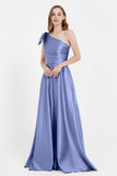 One Shoulder Satin Pleated Bridesmaid Dress Long Bowknot Formal Evening Party Dresses Gowns