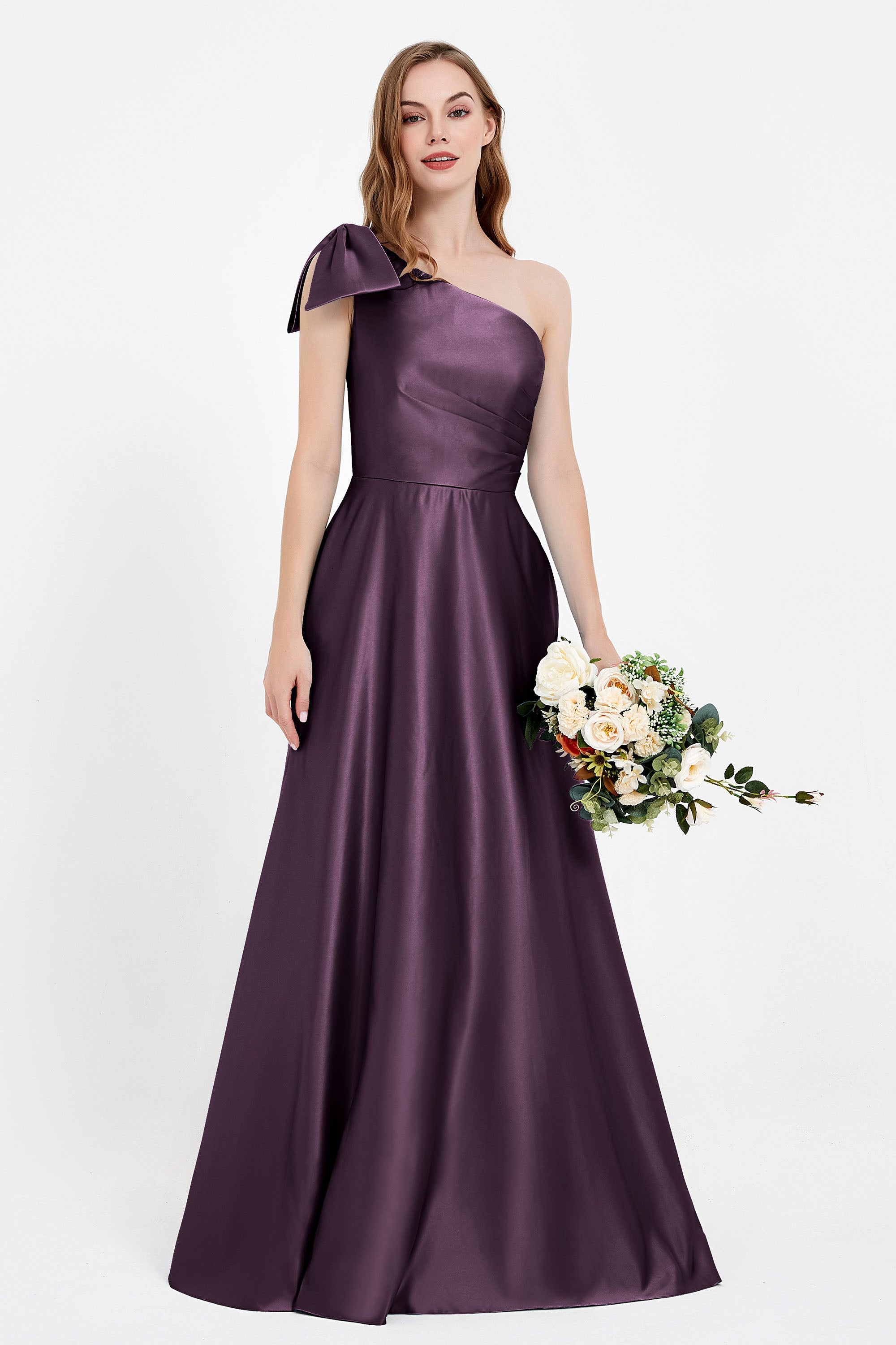 One Shoulder Satin Pleated Bridesmaid Dress Long Bowknot Formal Evening Party Dresses Gowns