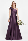 One Shoulder Satin Pleated Bridesmaid Dress Long Bowknot Formal Evening Party Dresses Gowns