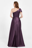 One Shoulder Satin Pleated Bridesmaid Dress Long Bowknot Formal Evening Party Dresses Gowns