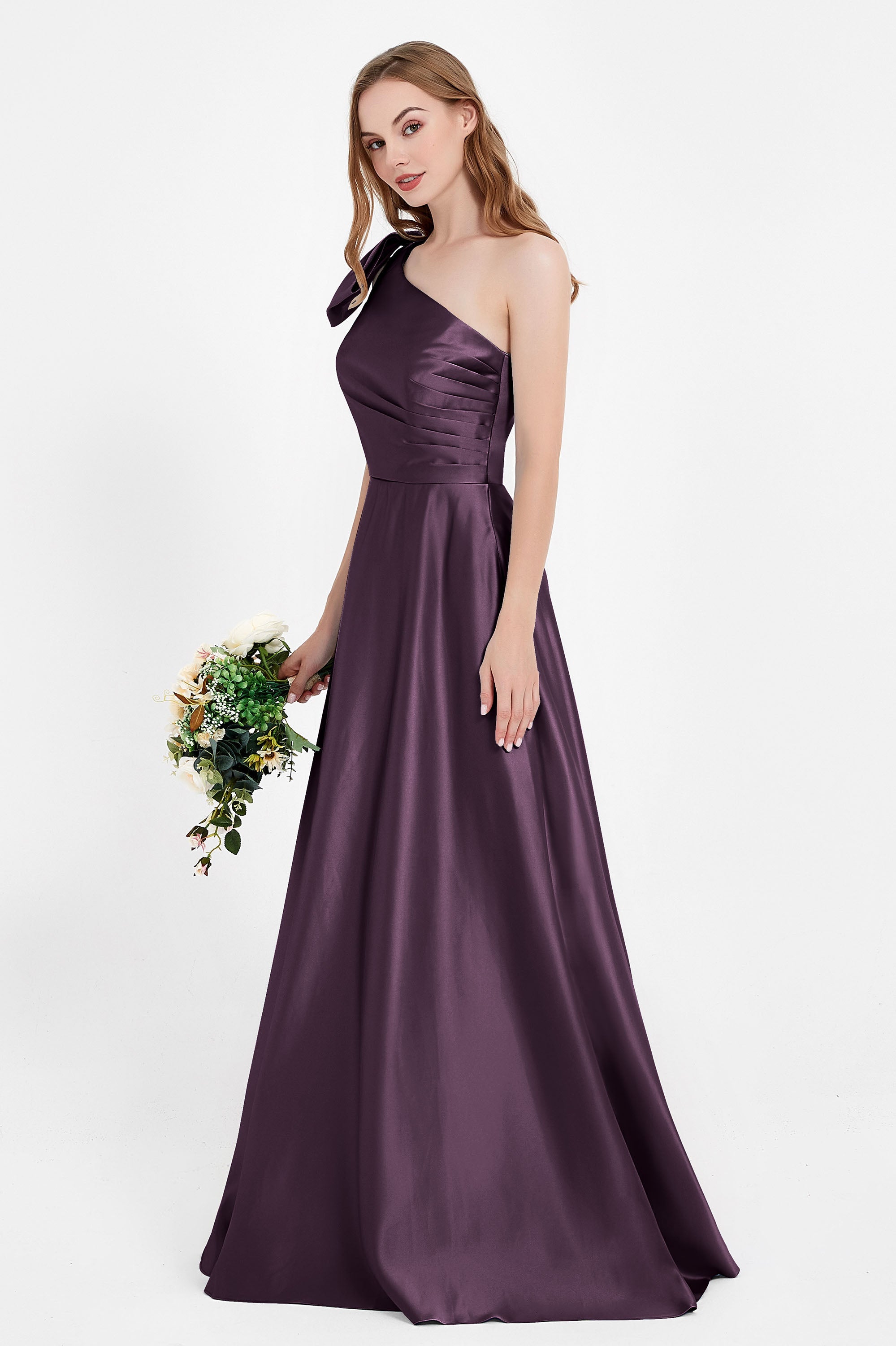 One Shoulder Satin Pleated Bridesmaid Dress Long Bowknot Formal Evening Party Dresses Gowns