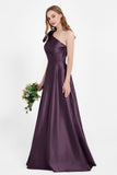 One Shoulder Satin Pleated Bridesmaid Dress Long Bowknot Formal Evening Party Dresses Gowns