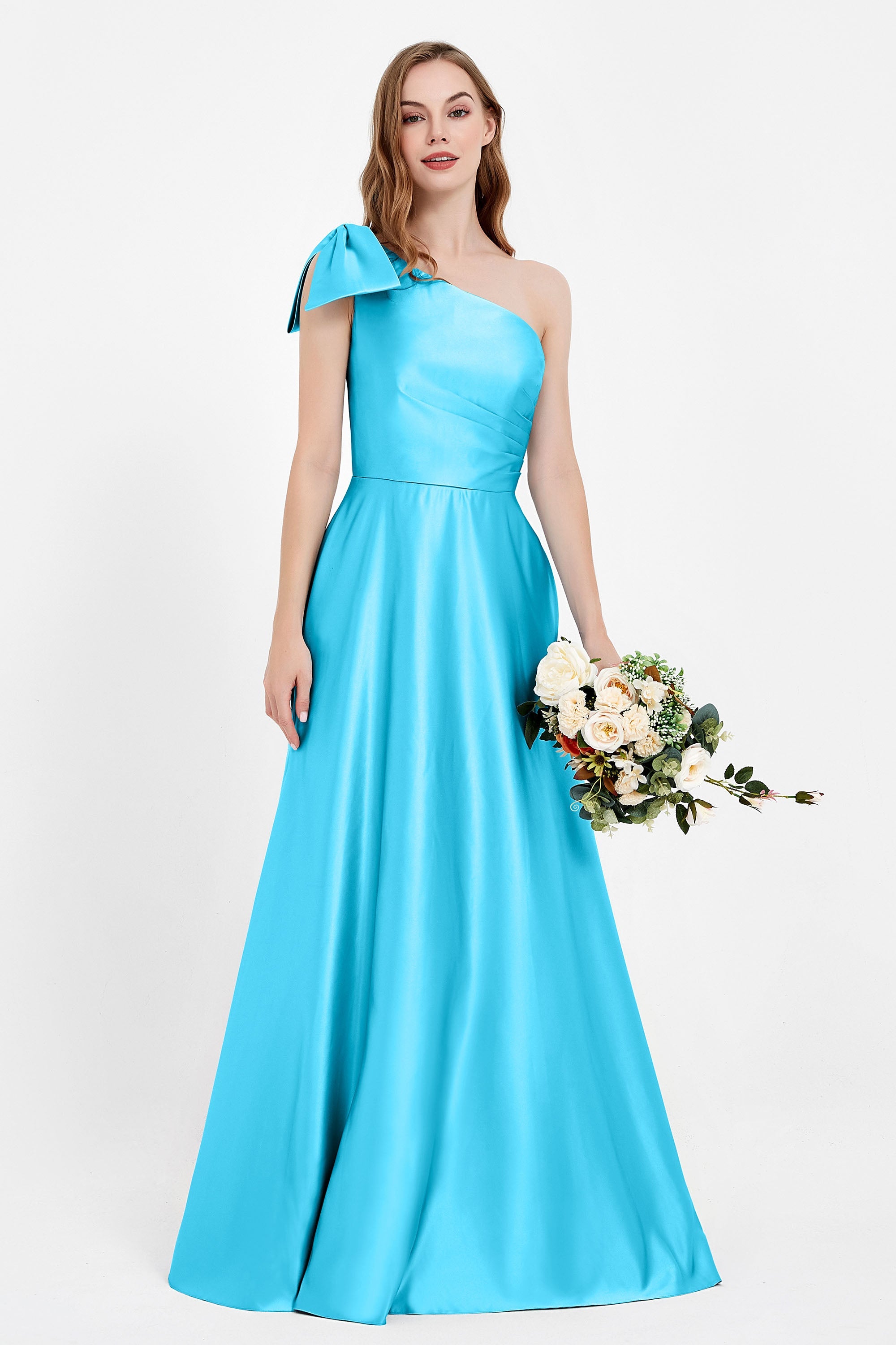 One Shoulder Satin Pleated Bridesmaid Dress Long Bowknot Formal Evening Party Dresses Gowns