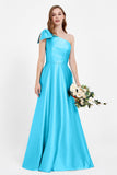 One Shoulder Satin Pleated Bridesmaid Dress Long Bowknot Formal Evening Party Dresses Gowns