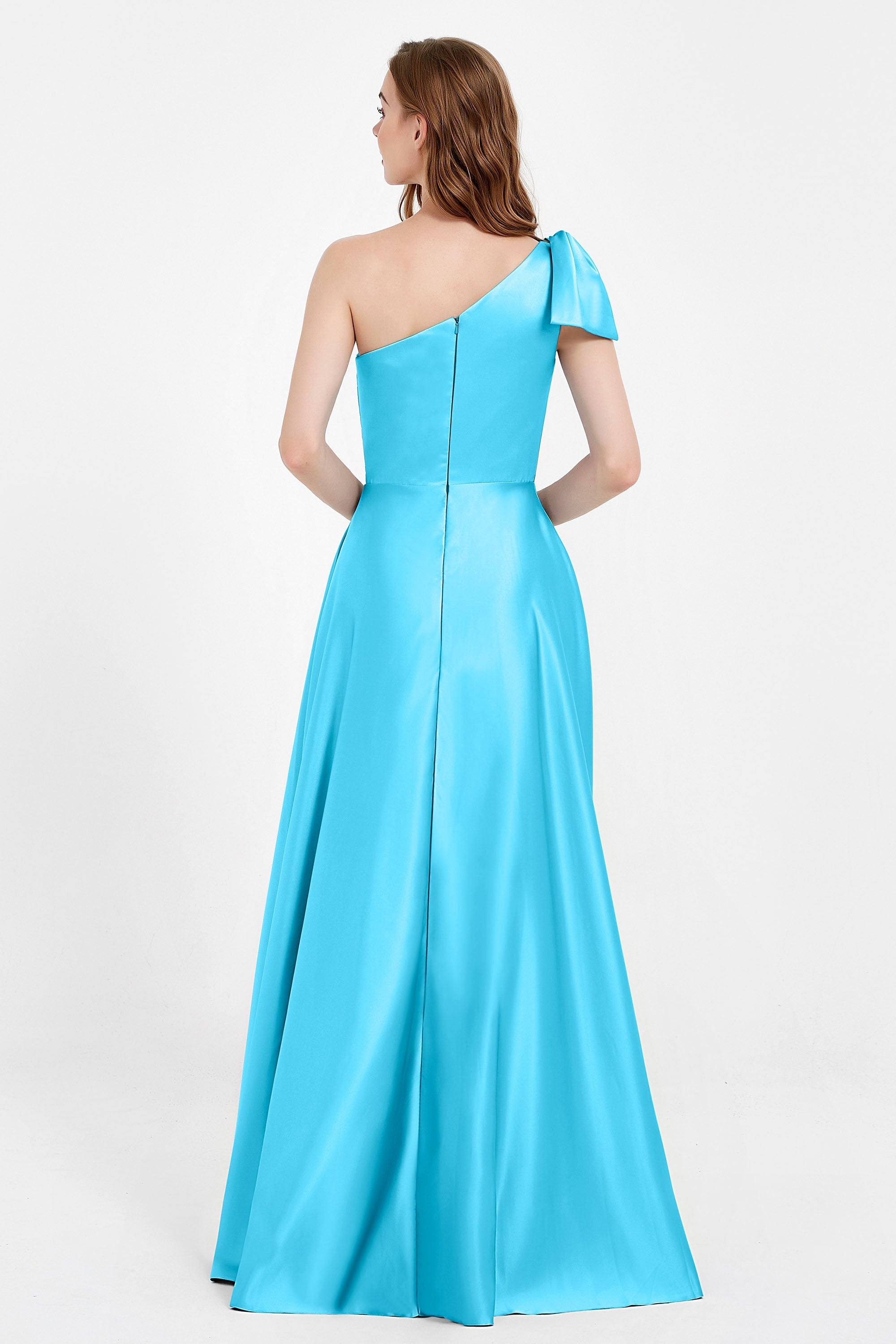One Shoulder Satin Pleated Bridesmaid Dress Long Bowknot Formal Evening Party Dresses Gowns