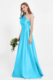 One Shoulder Satin Pleated Bridesmaid Dress Long Bowknot Formal Evening Party Dresses Gowns
