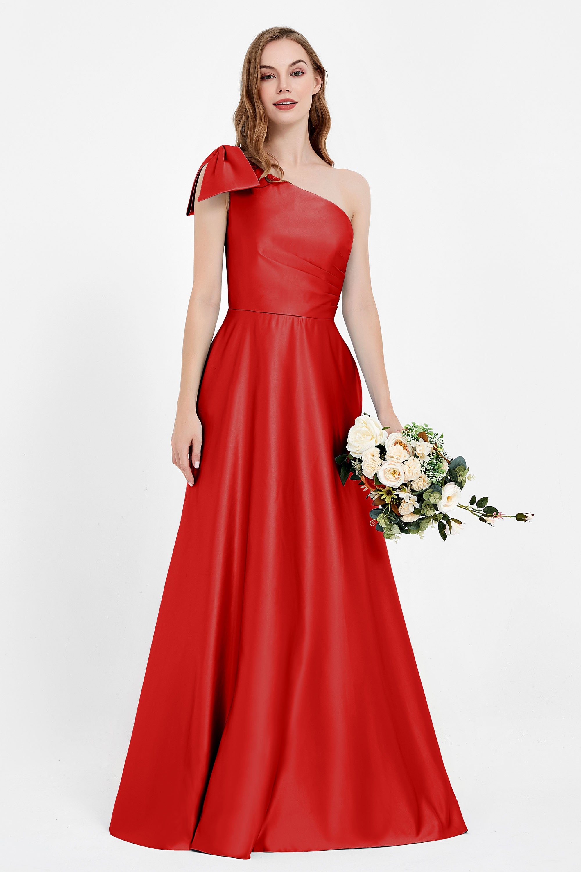 One Shoulder Satin Pleated Bridesmaid Dress Long Bowknot Formal Evening Party Dresses Gowns
