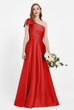 One Shoulder Satin Pleated Bridesmaid Dress Long Bowknot Formal Evening Party Dresses Gowns
