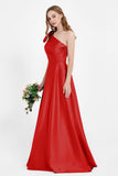 One Shoulder Satin Pleated Bridesmaid Dress Long Bowknot Formal Evening Party Dresses Gowns