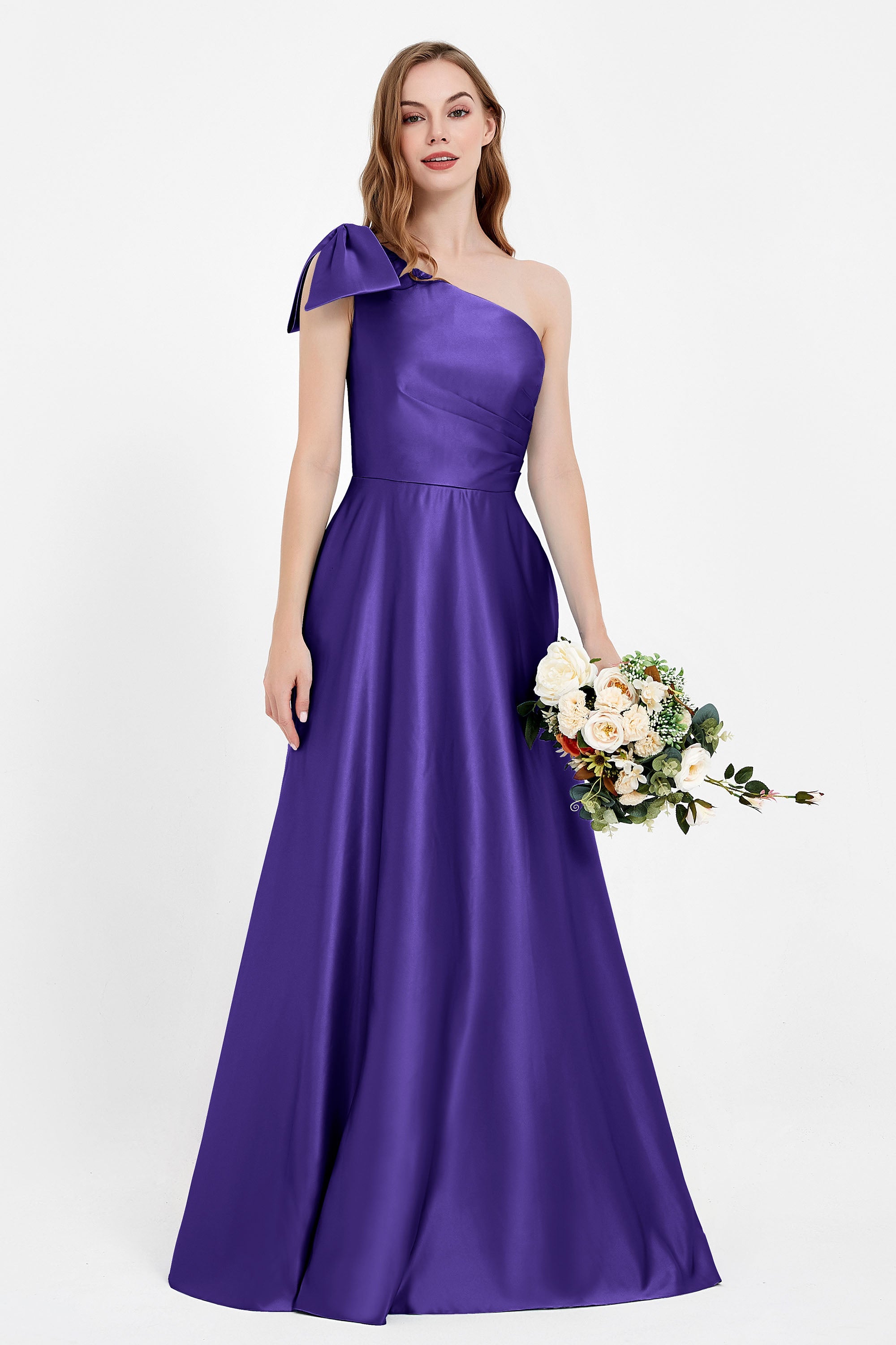 One Shoulder Satin Pleated Bridesmaid Dress Long Bowknot Formal Evening Party Dresses Gowns