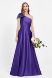 One Shoulder Satin Pleated Bridesmaid Dress Long Bowknot Formal Evening Party Dresses Gowns