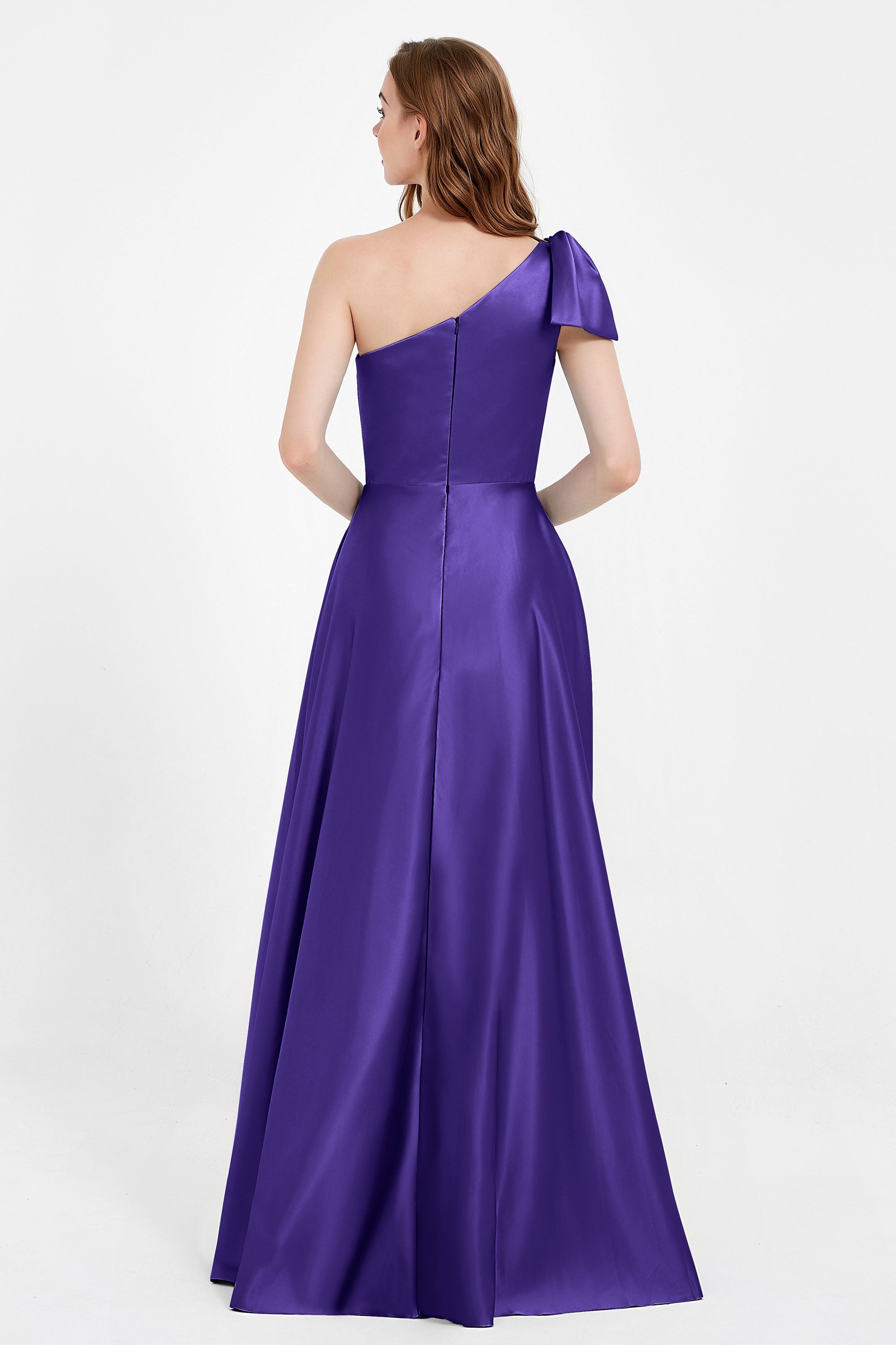 One Shoulder Satin Pleated Bridesmaid Dress Long Bowknot Formal Evening Party Dresses Gowns